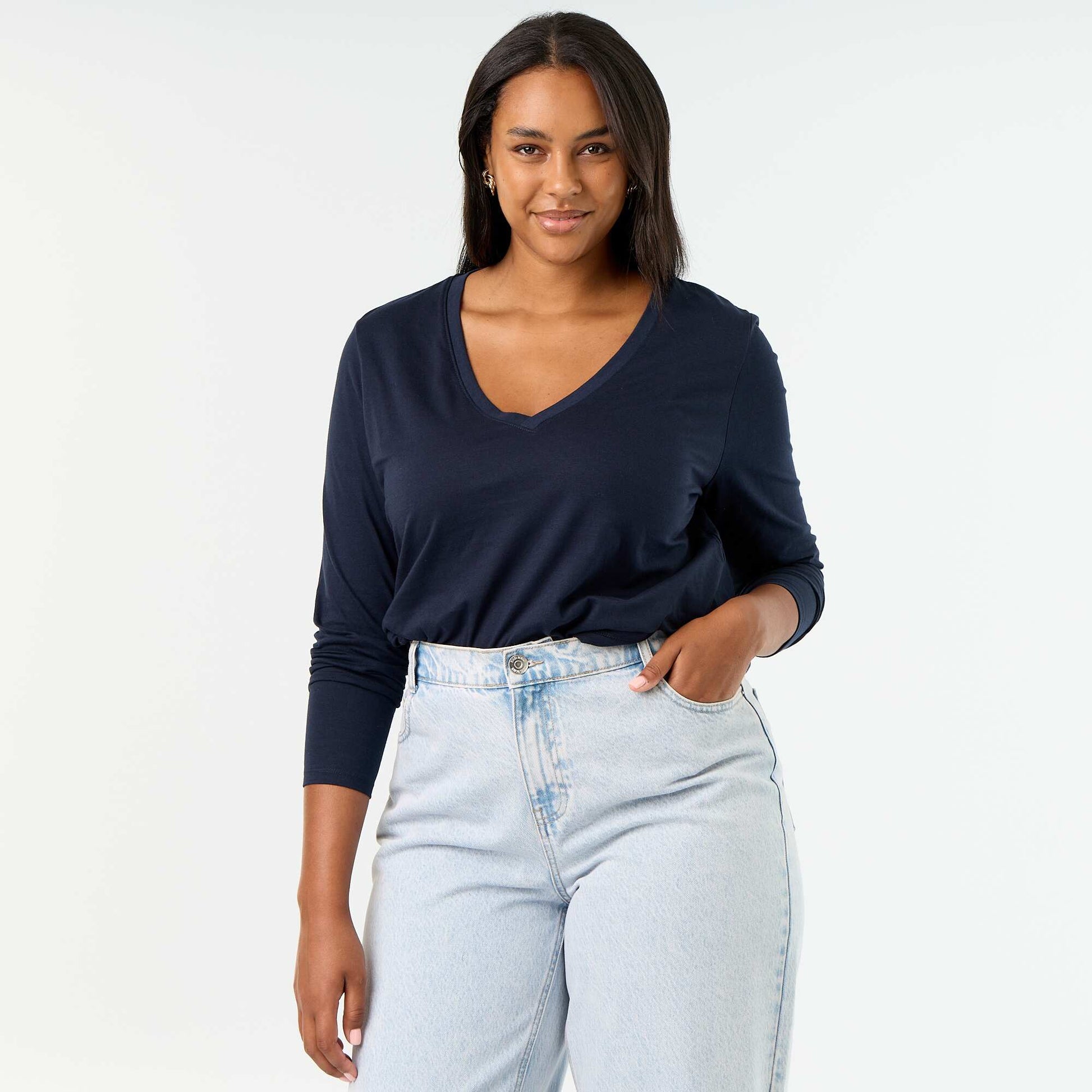 Long-sleeved V-neck T-shirt BLUE