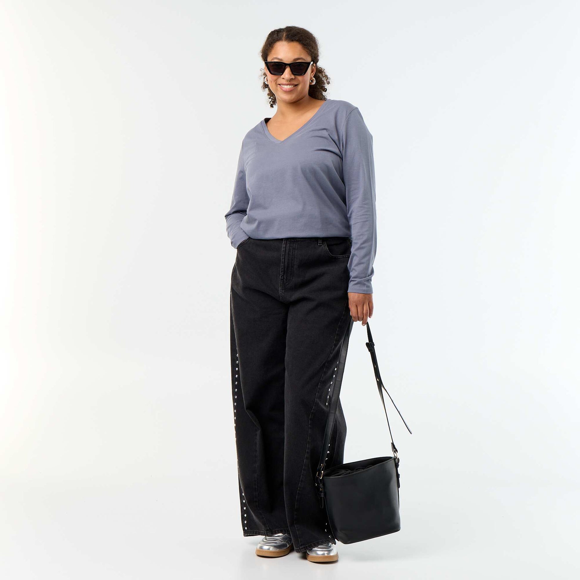 Long-sleeved V-neck T-shirt GREY