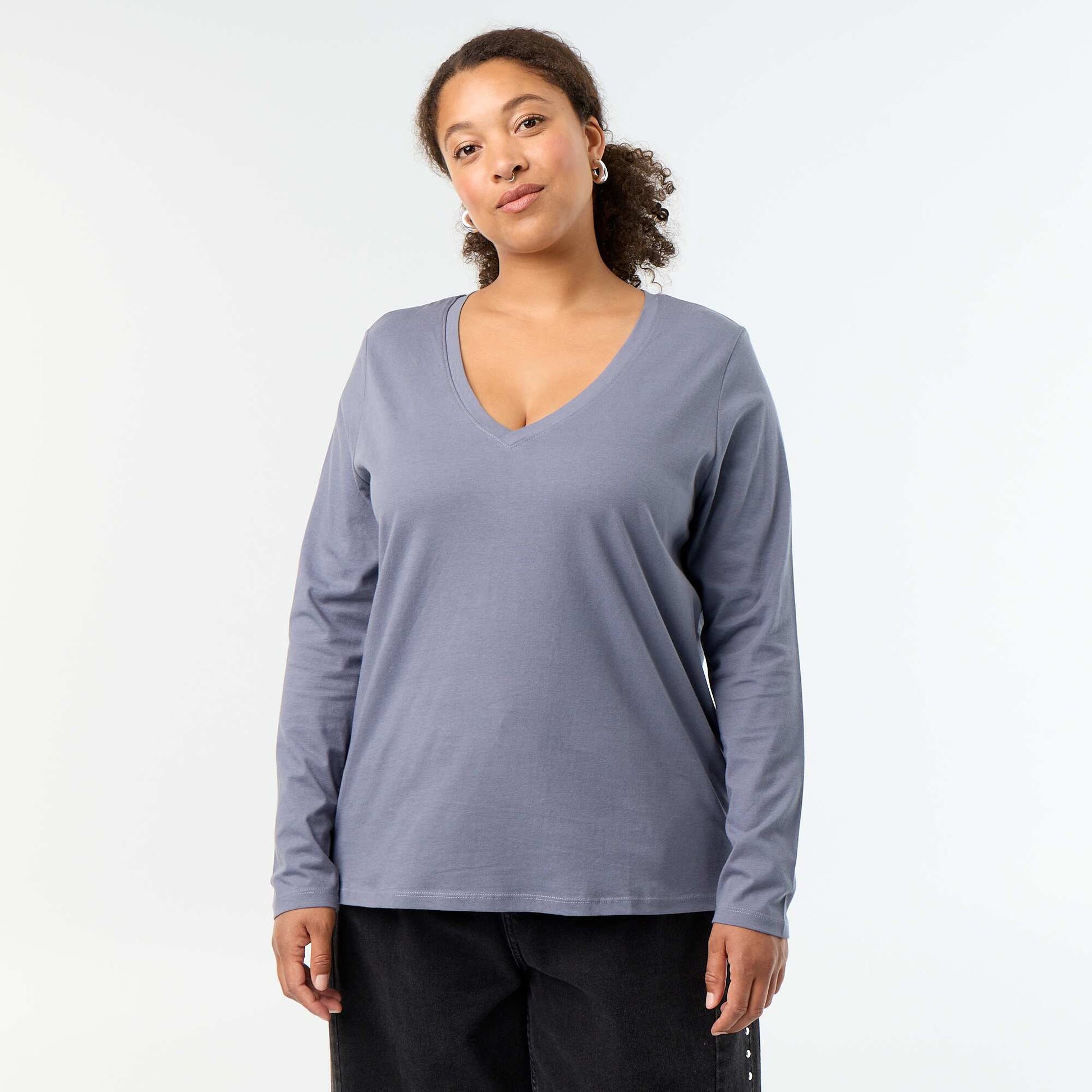 Long-sleeved V-neck T-shirt GREY