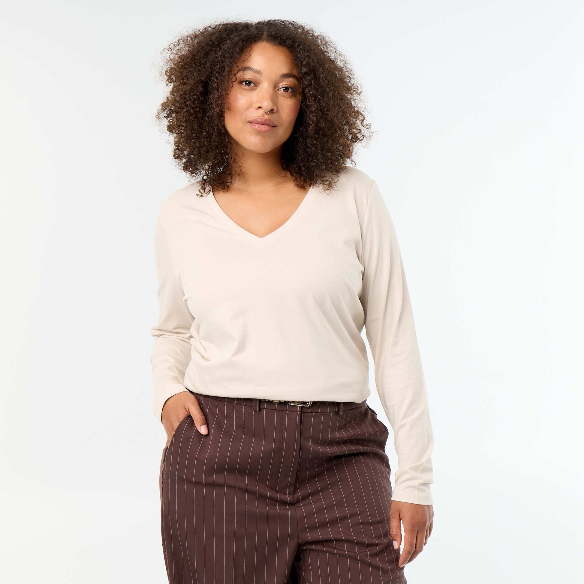 Long-sleeved V-neck T-shirt GREY