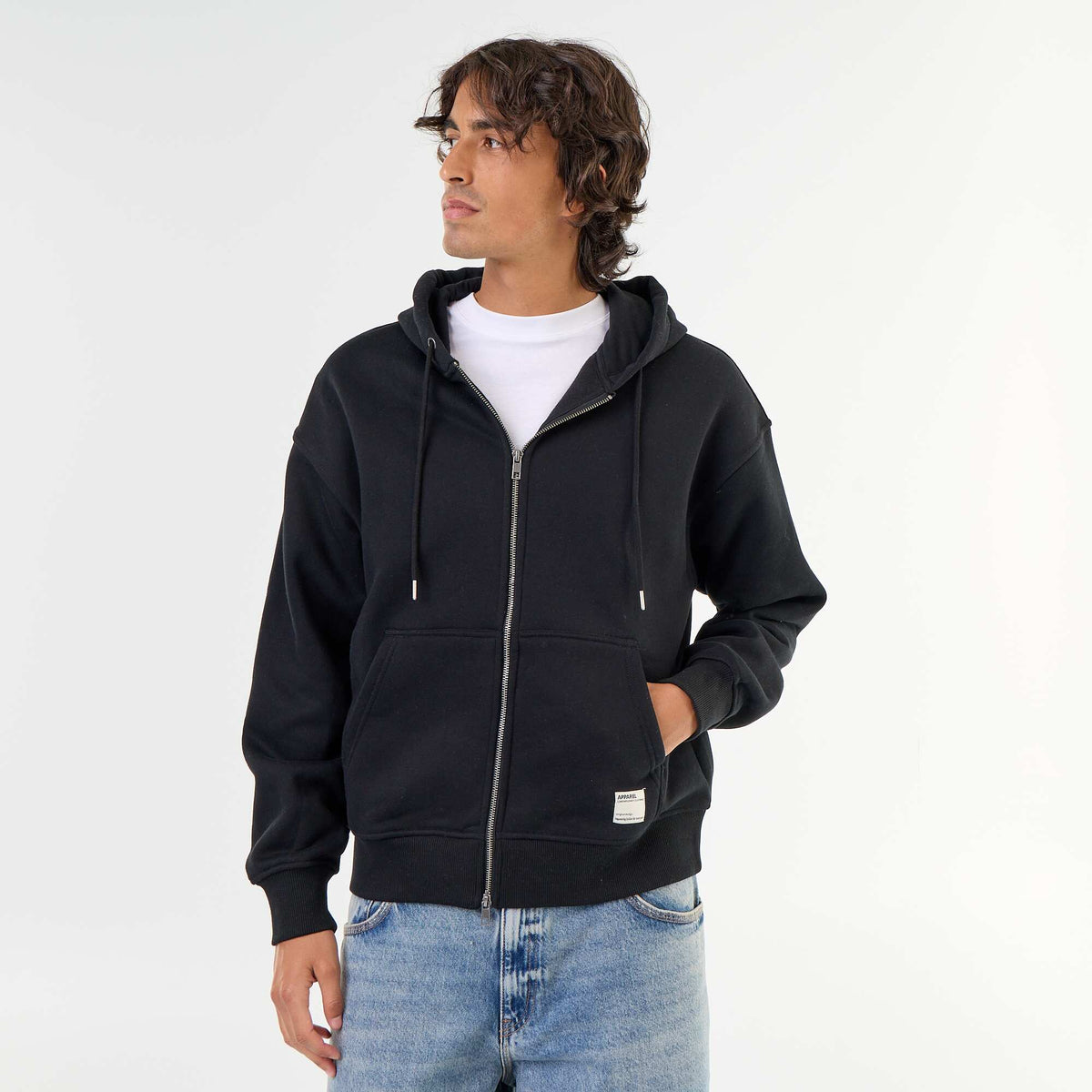 Plain zip-up hooded sweatshirt BLACK