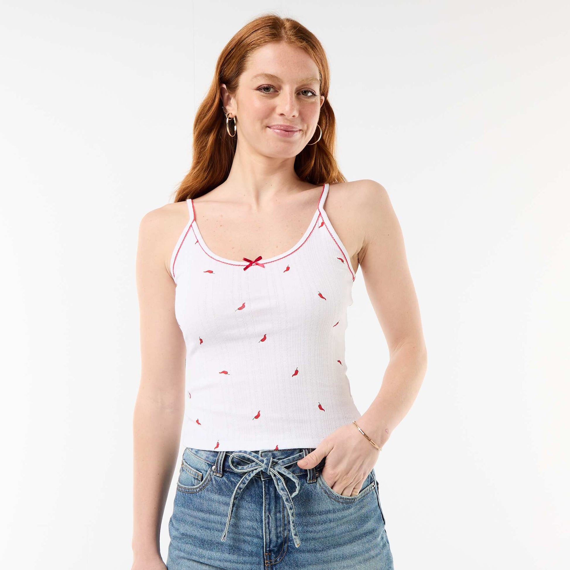 Pointelle knit tank top with 'chilli' pattern WHITE