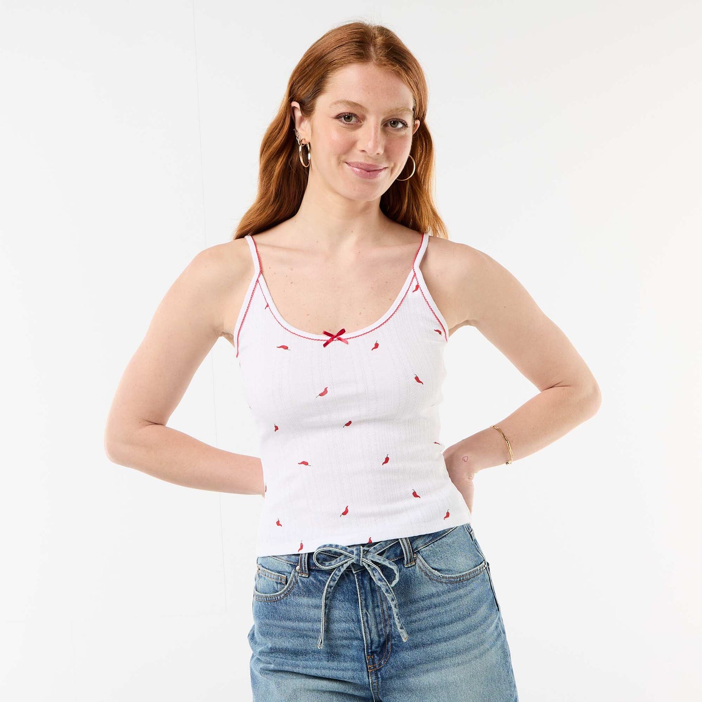 Pointelle knit tank top with 'chilli' pattern WHITE
