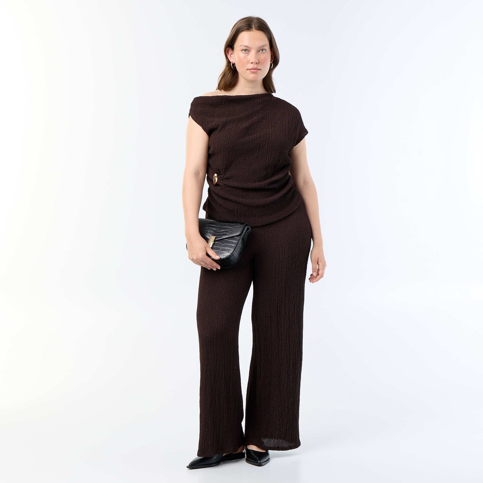 Waffle Knit Wide Leg Pants BROWN