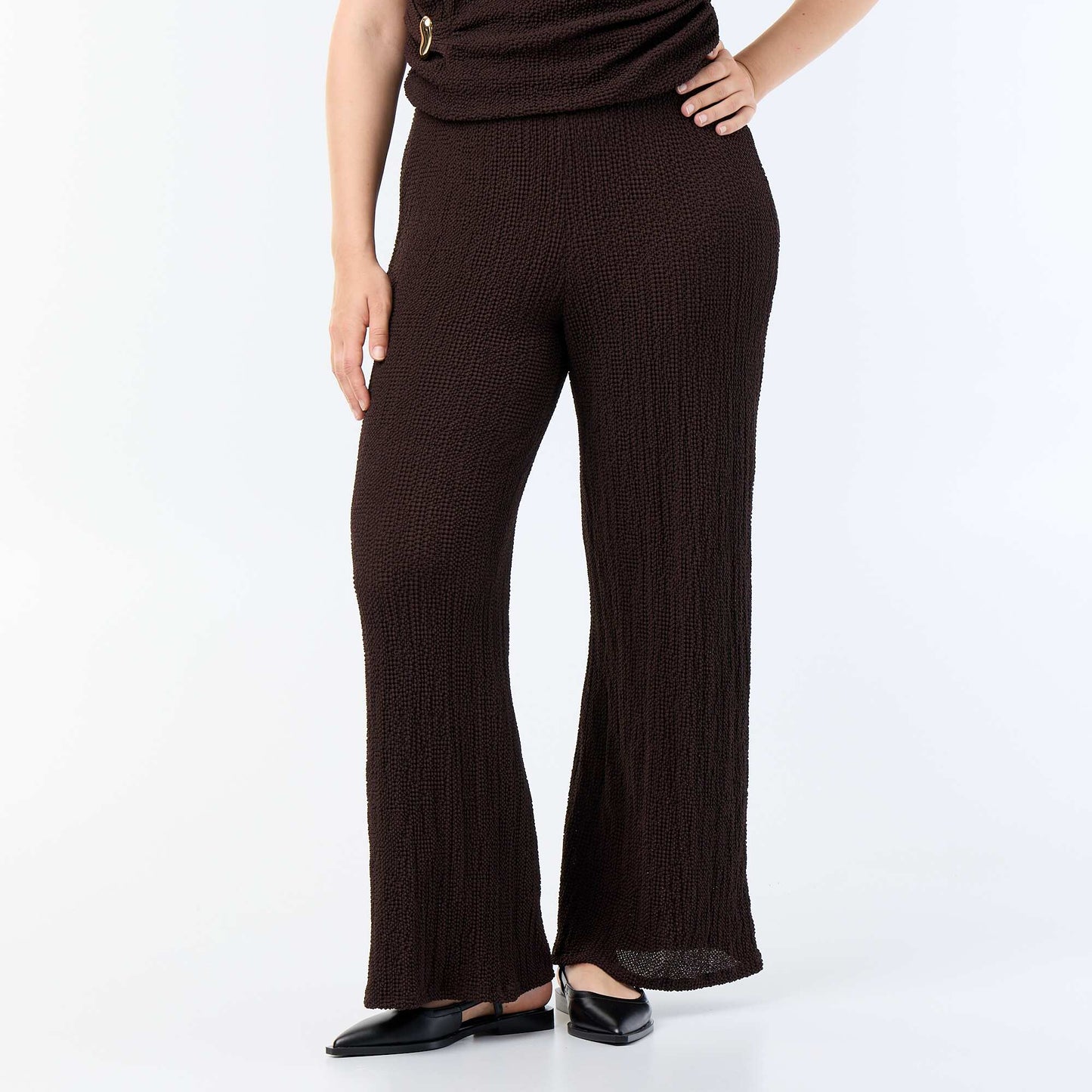 Waffle Knit Wide Leg Pants BROWN