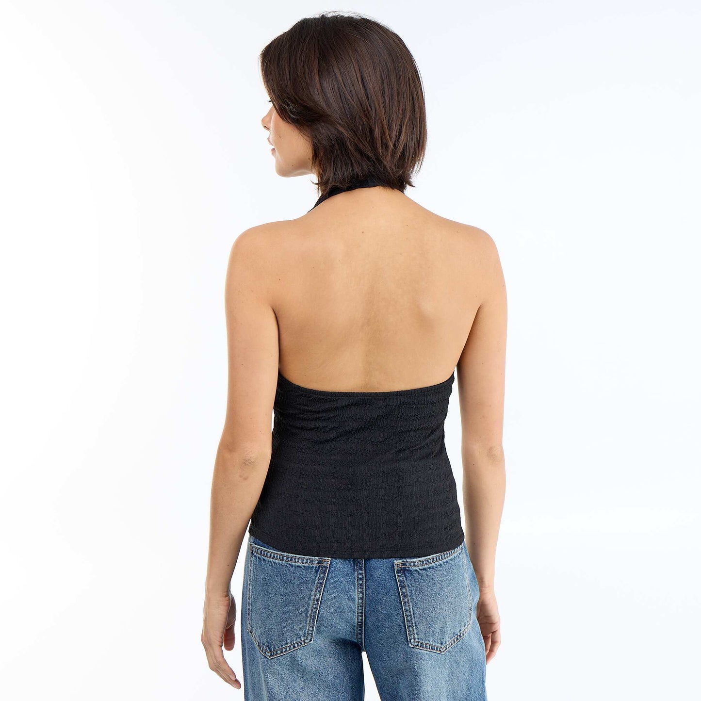 Polka Dot Crinkle Knit Halter Neck Top BLACK