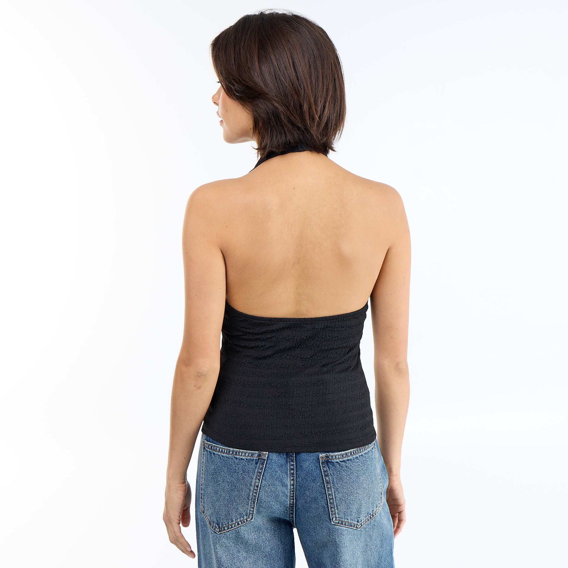 Polka Dot Crinkle Knit Halter Neck Top BLACK
