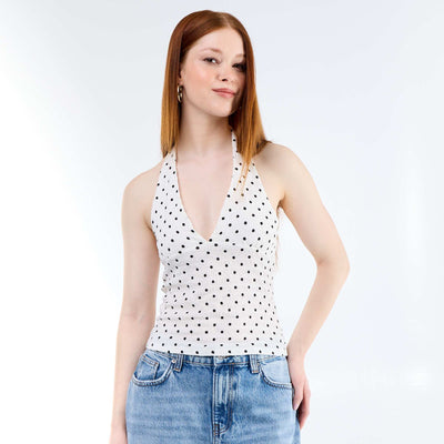 Polka Dot Crinkle Knit Halter Neck Top WHITE