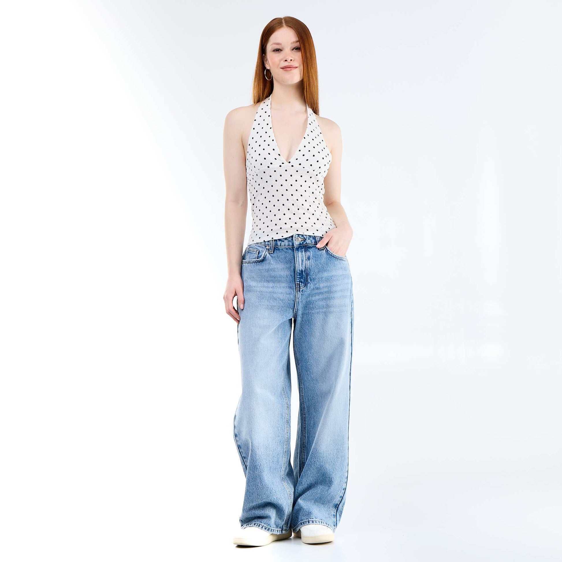 Polka Dot Crinkle Knit Halter Neck Top WHITE