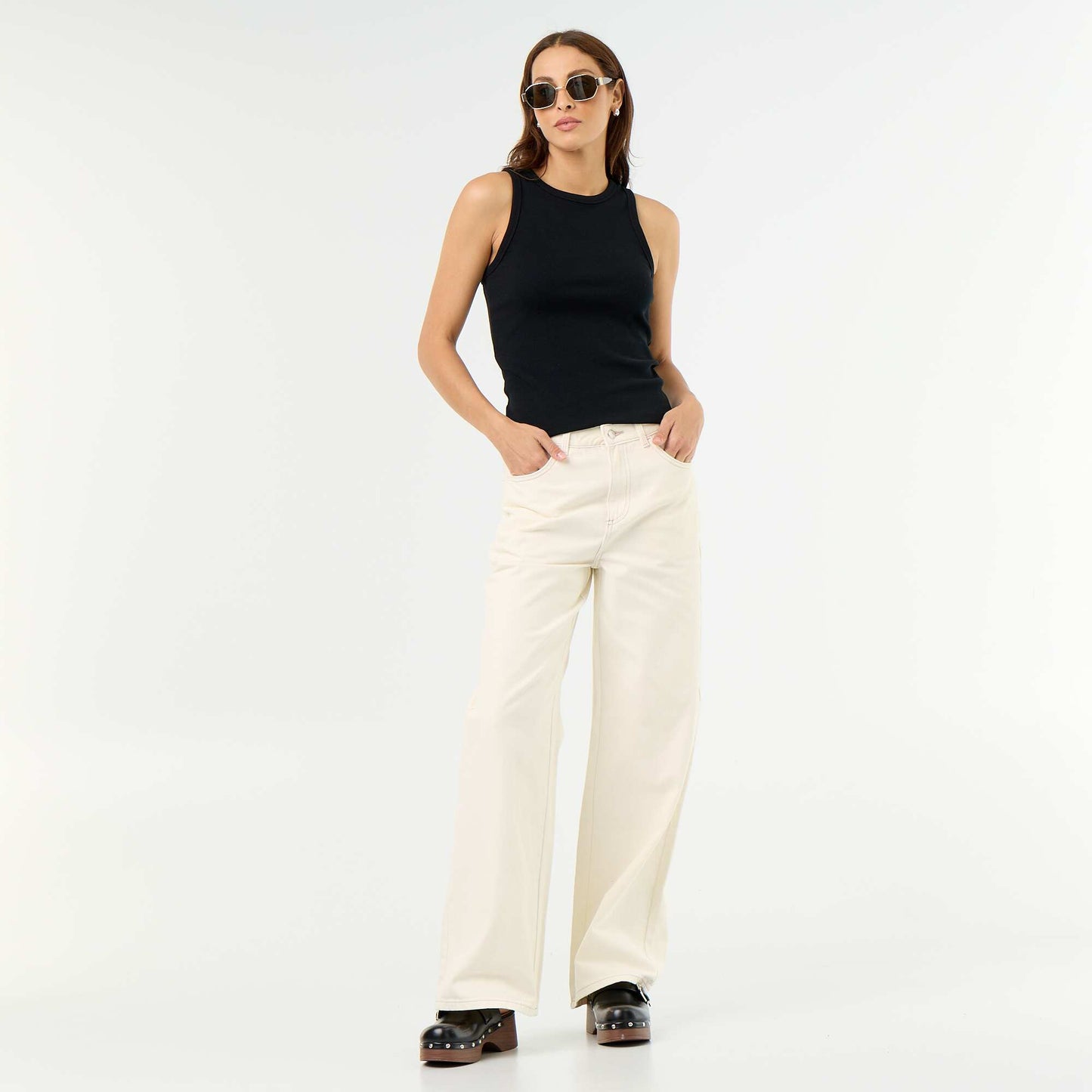 High-waisted wide-leg twill pants BEIGE