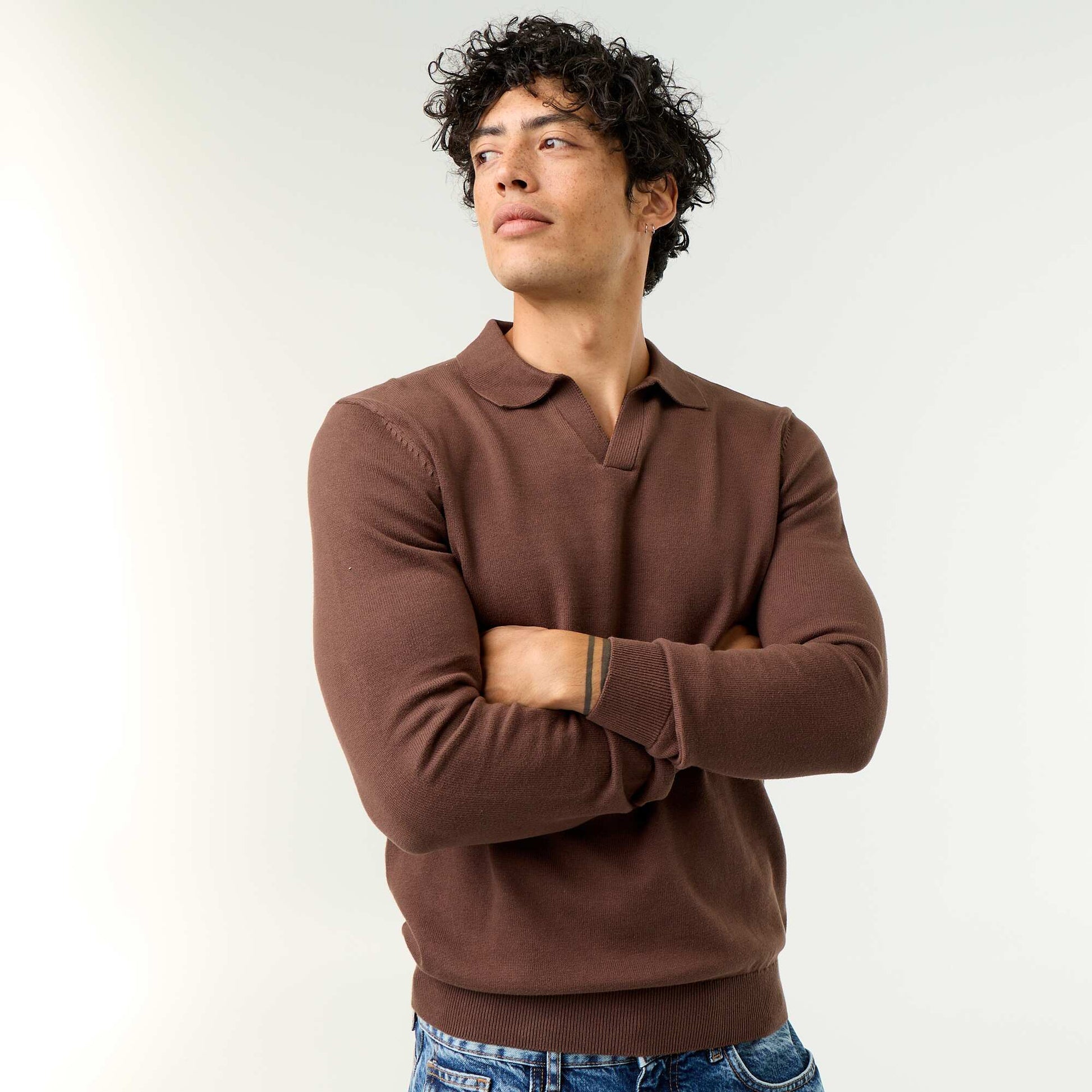 Long-sleeved polo collar sweater BROWN