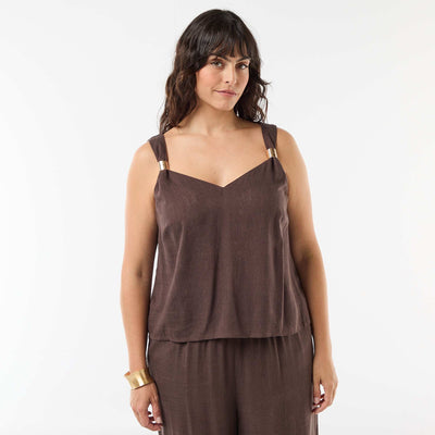 Fluid linen blend top with gold embellishments BROWN