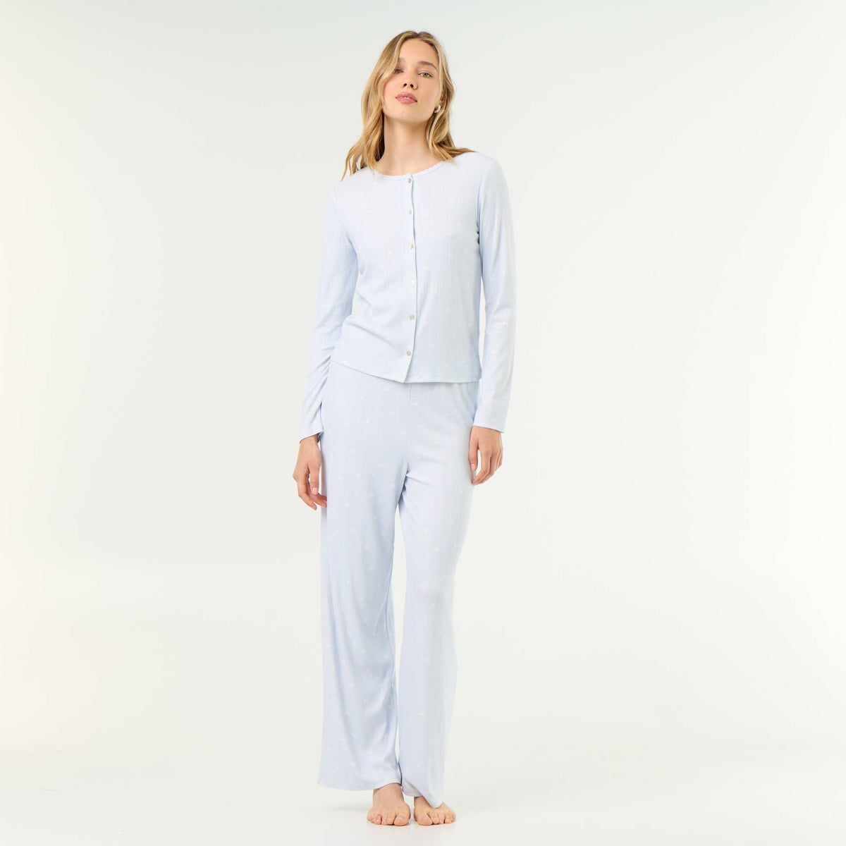 2-piece Pointelle Knit Pajama Set - Top + Pants BLUE