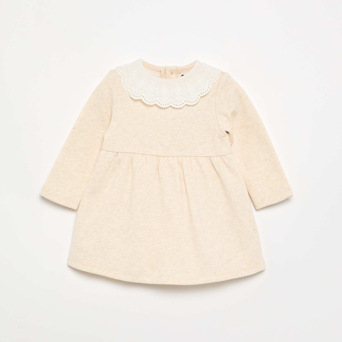 Long-sleeved fleece dress with embroidered collar BEIGE