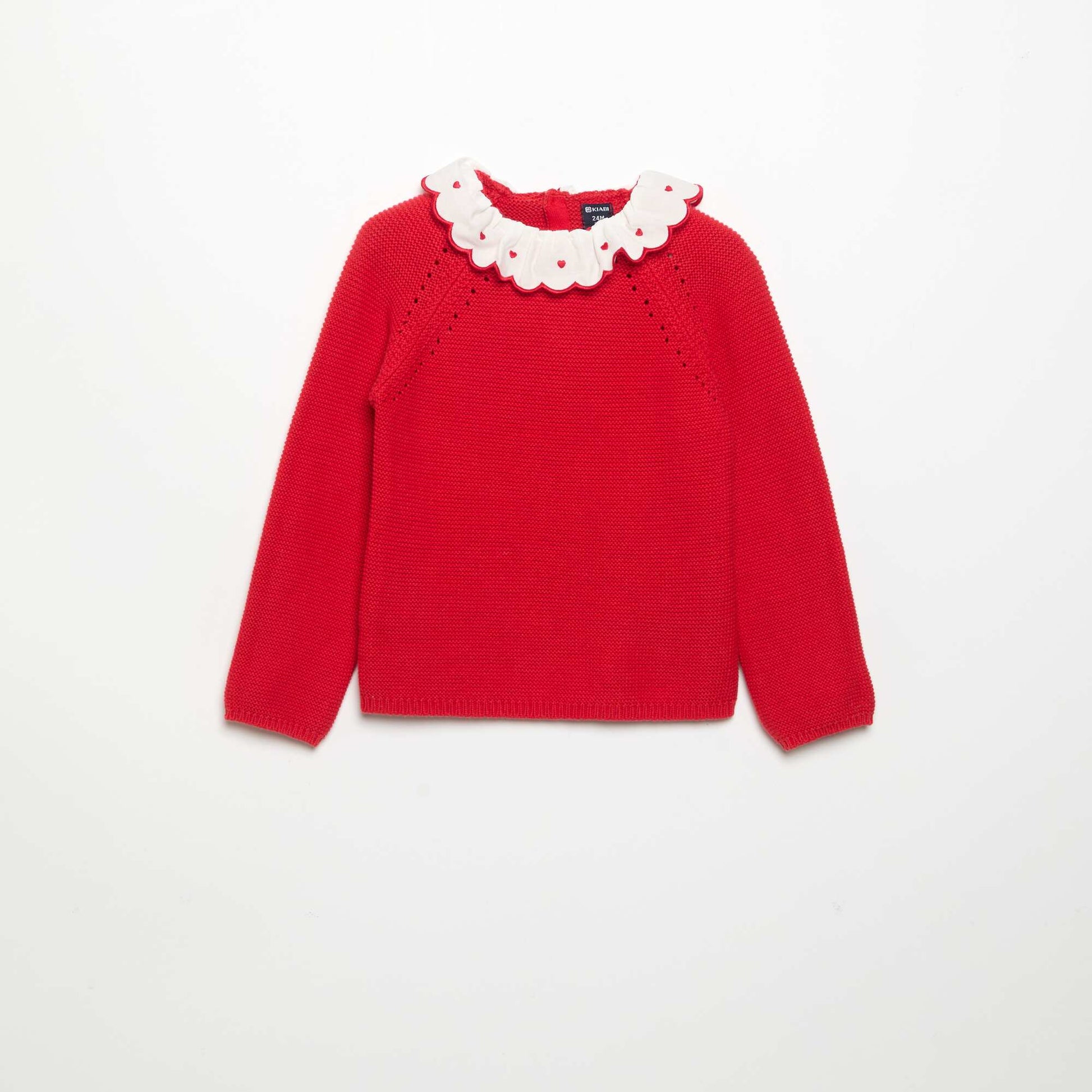 Long-Sleeved Sweater with Embroidered Collar RED