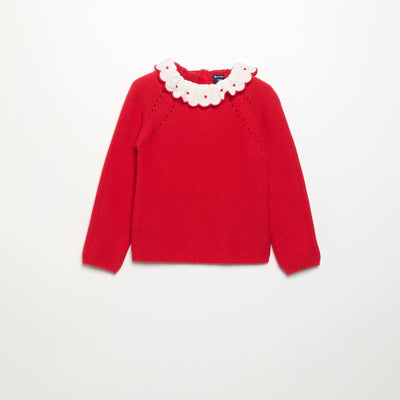 Long-Sleeved Sweater with Embroidered Collar RED