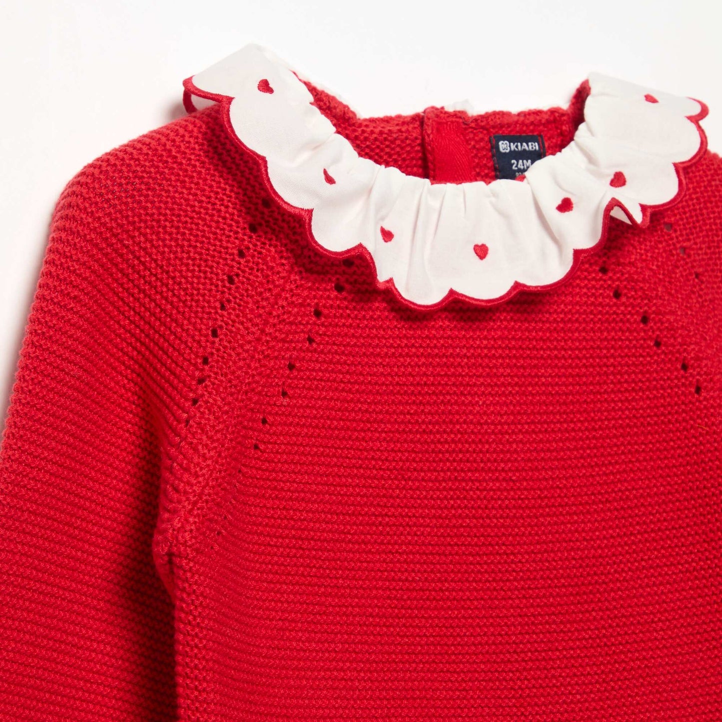 Long-Sleeved Sweater with Embroidered Collar RED