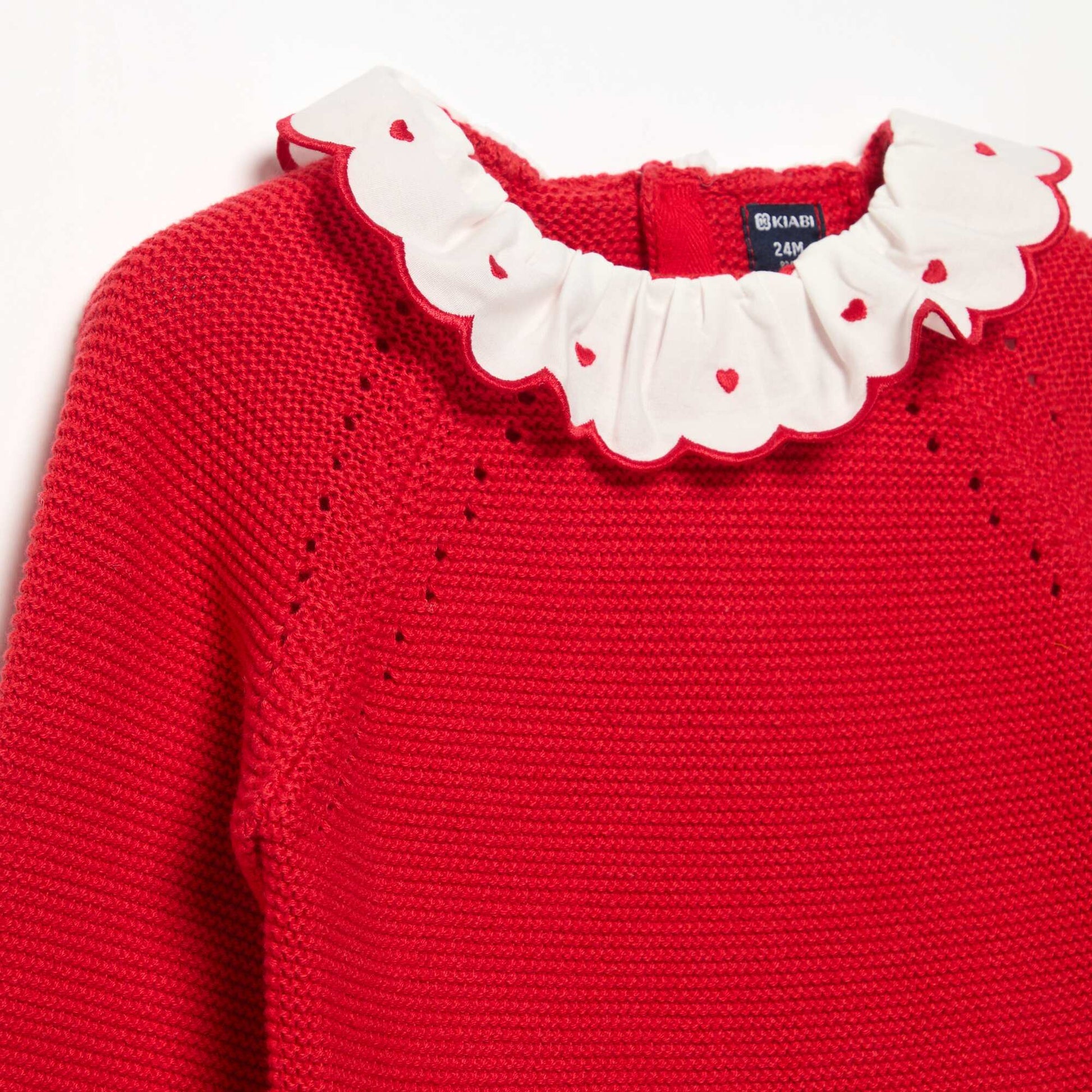 Long-Sleeved Sweater with Embroidered Collar RED