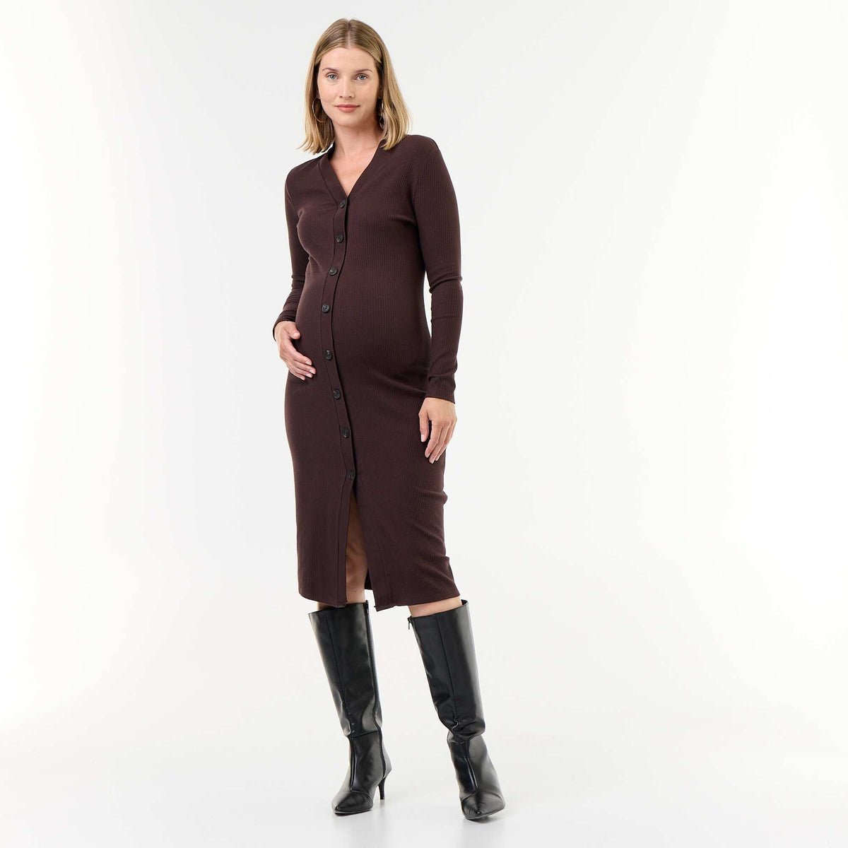 Rib-knit button-front cardigan dress BROWN