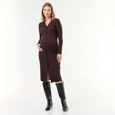 Rib-knit button-front cardigan dress BROWN