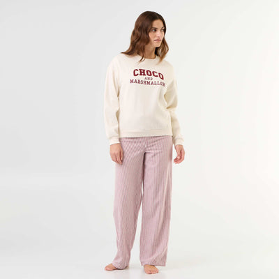 Long fleece top + wide-leg trousers pyjama set - 2 pieces WHITE