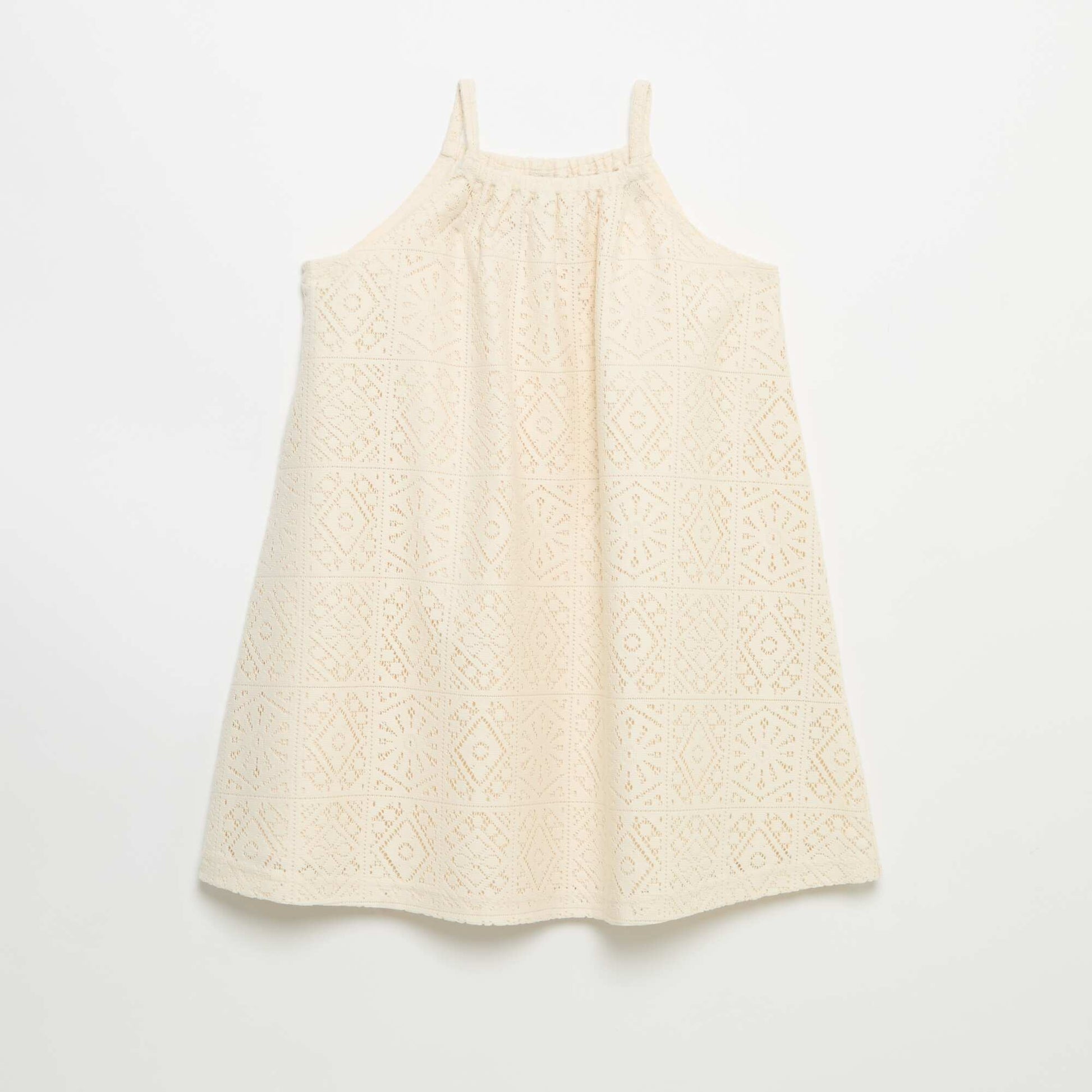 Crochet knit dress with non-adjustable straps BEIGE