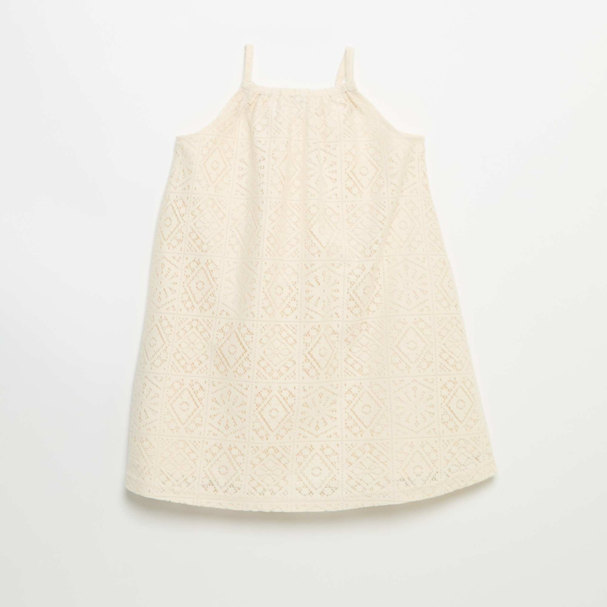 Crochet knit dress with non-adjustable straps BEIGE