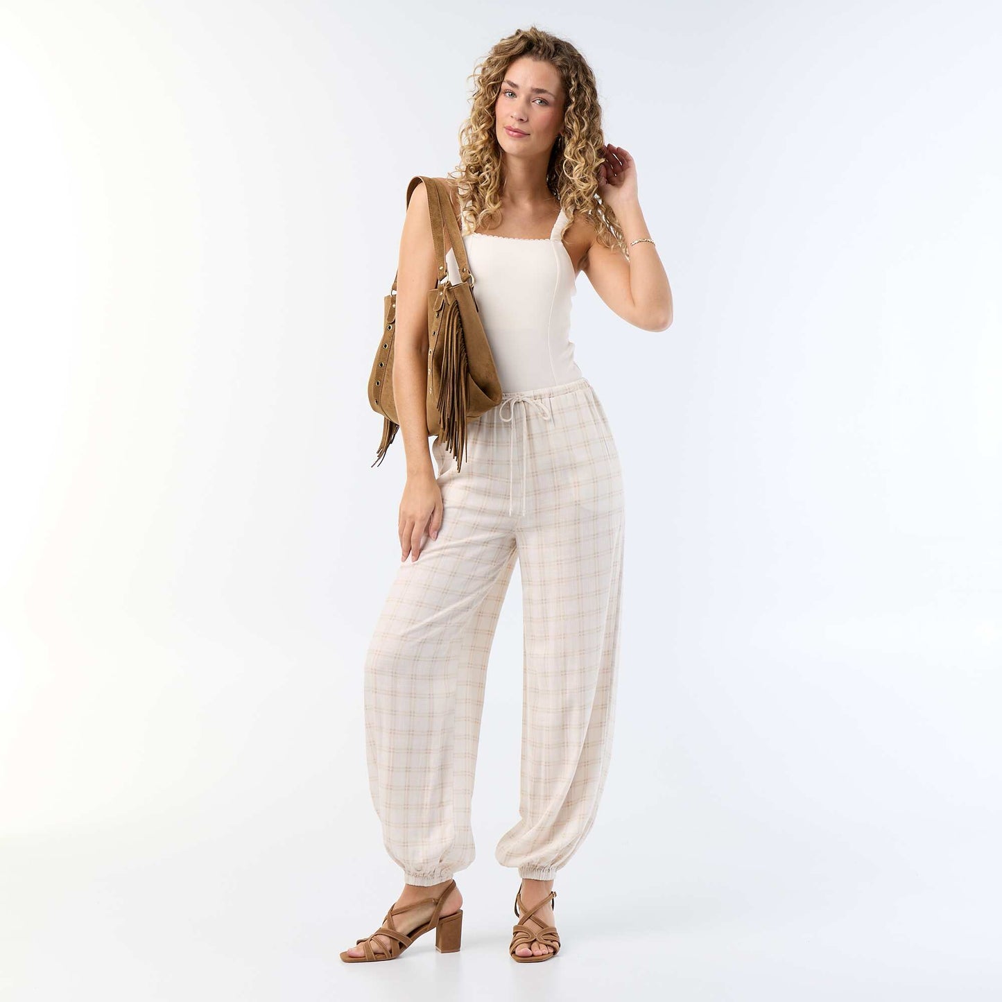 Solid Color Balloon Fit Trousers with 2 Pockets BEIGE
