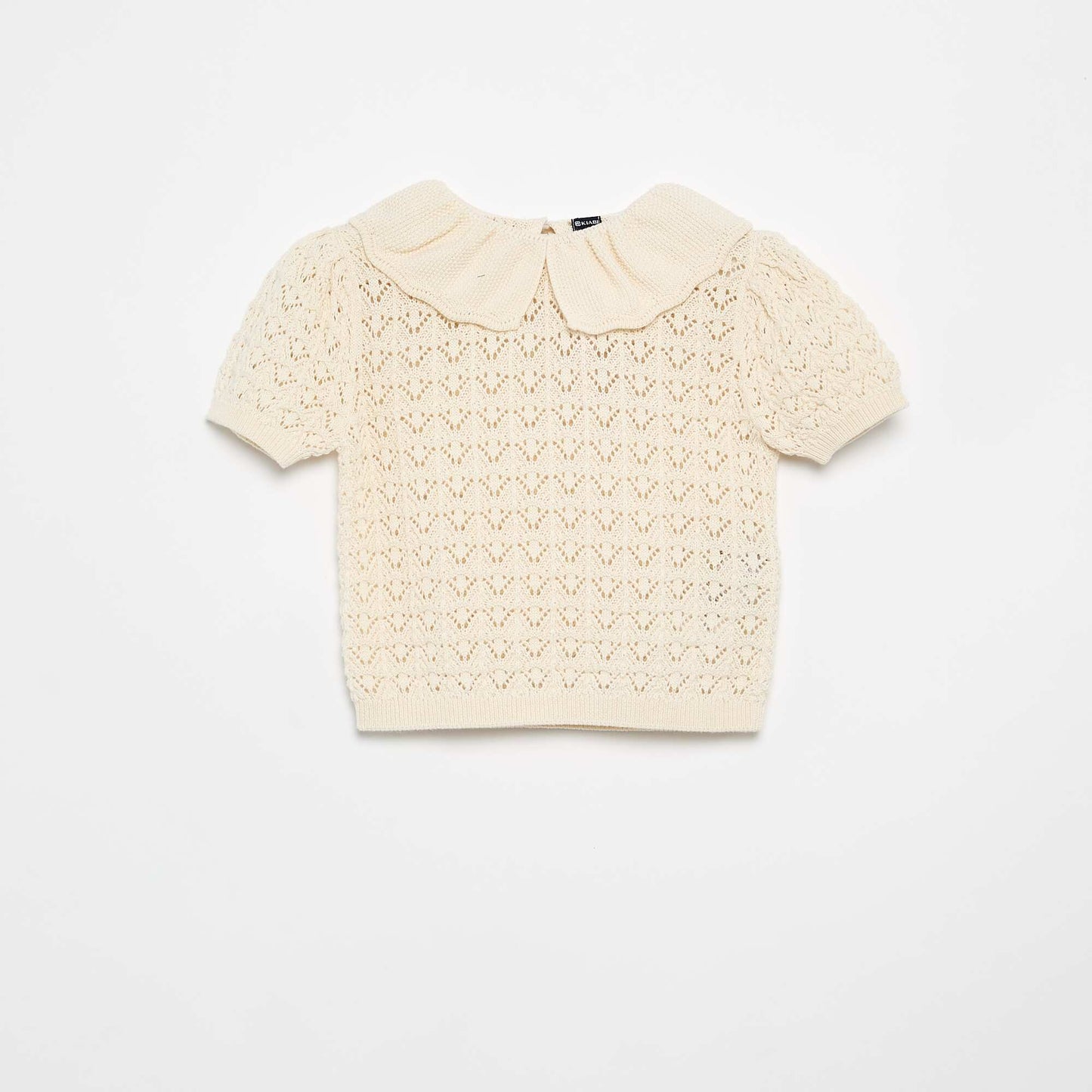 Short-Sleeved Pointelle Sweater with Peter Pan Collar BEIGE