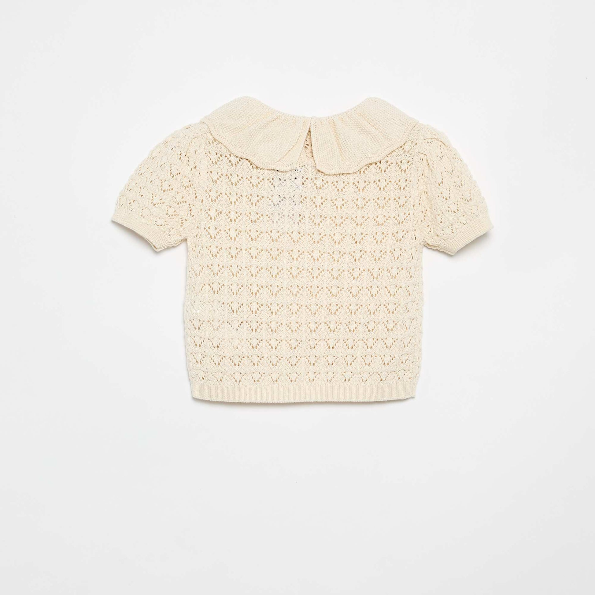 Short-Sleeved Pointelle Sweater with Peter Pan Collar BEIGE