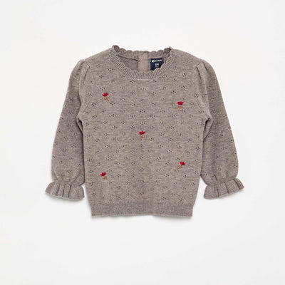 Embroidered Pointelle Knit Sweater BROWN