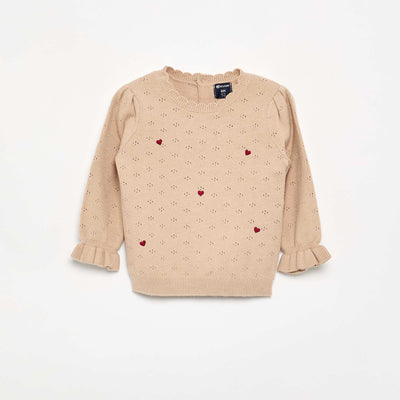 Embroidered Pointelle Knit Sweater BEIGE