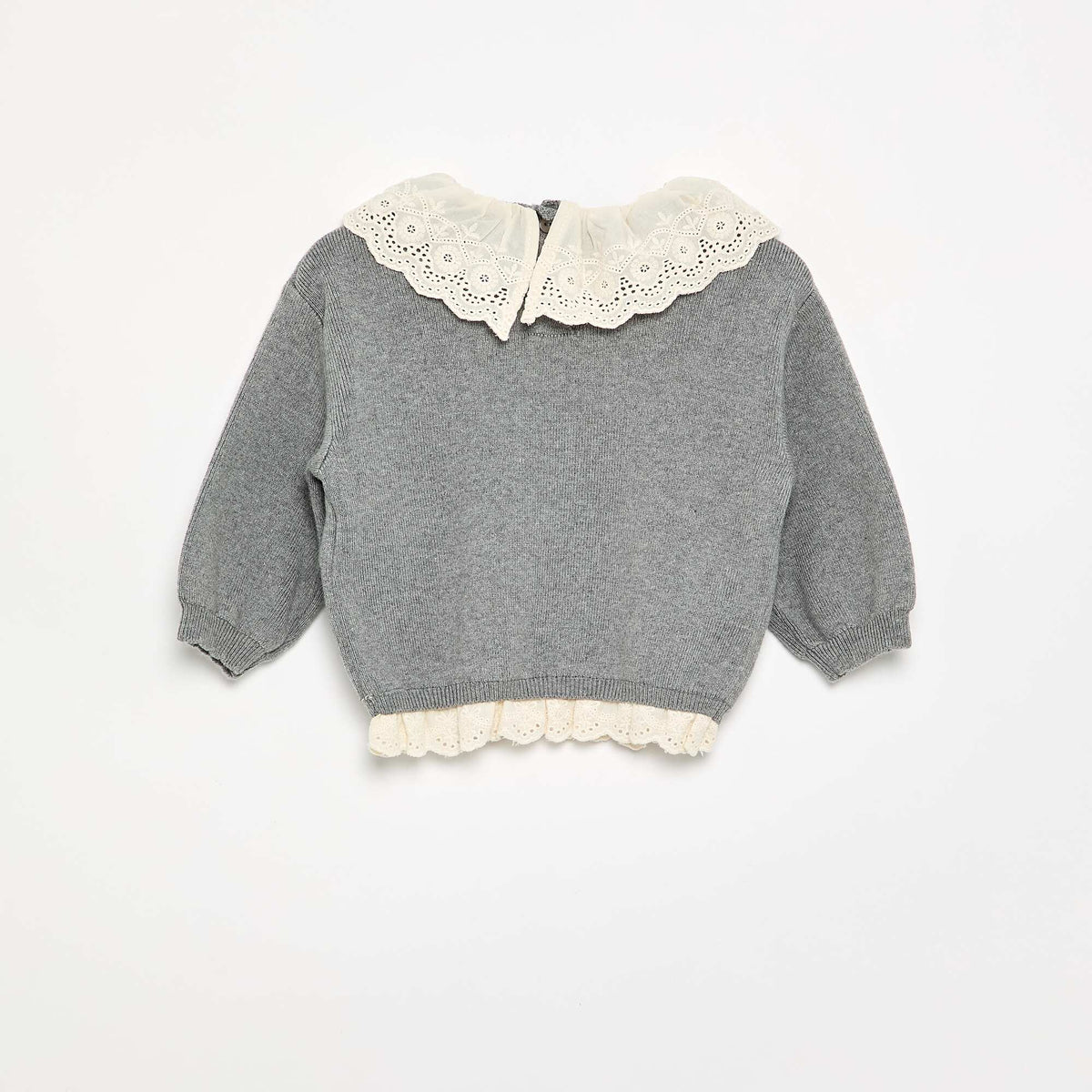 Sweater with charming Broderie Anglaise collar GREY
