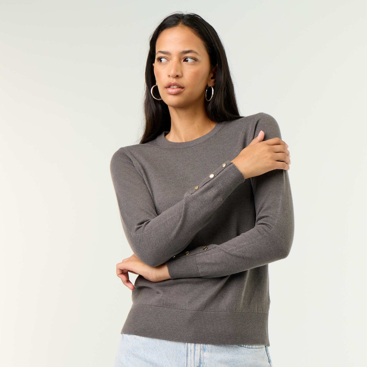 Fine Gauge Knit Round Neck Sweater GREY