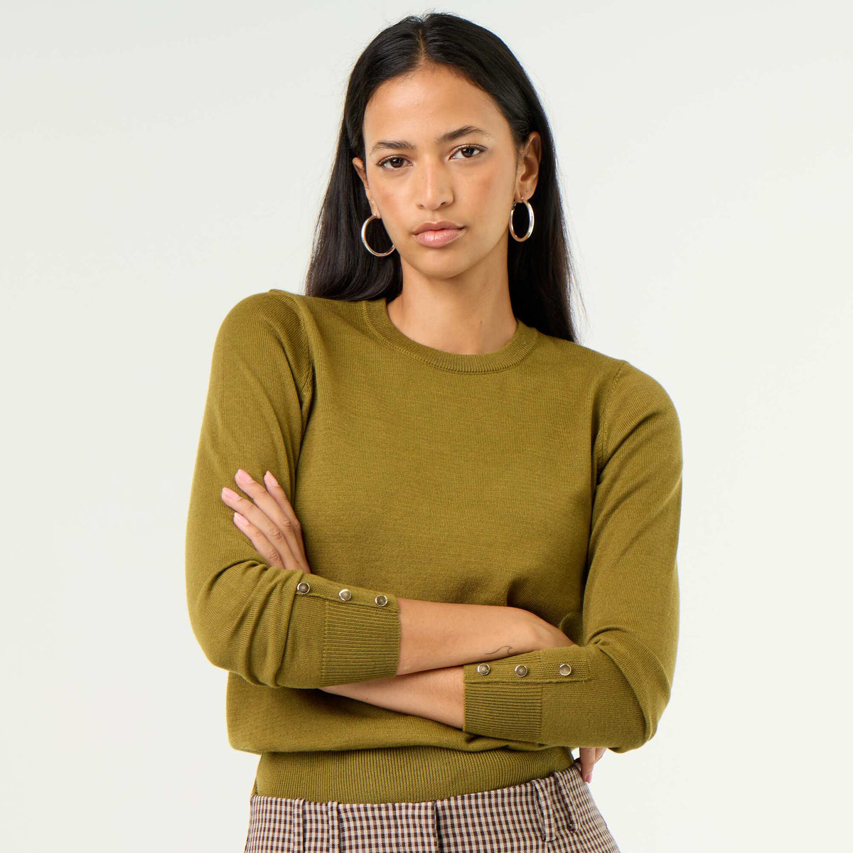 Fine Gauge Knit Round Neck Sweater GREEN