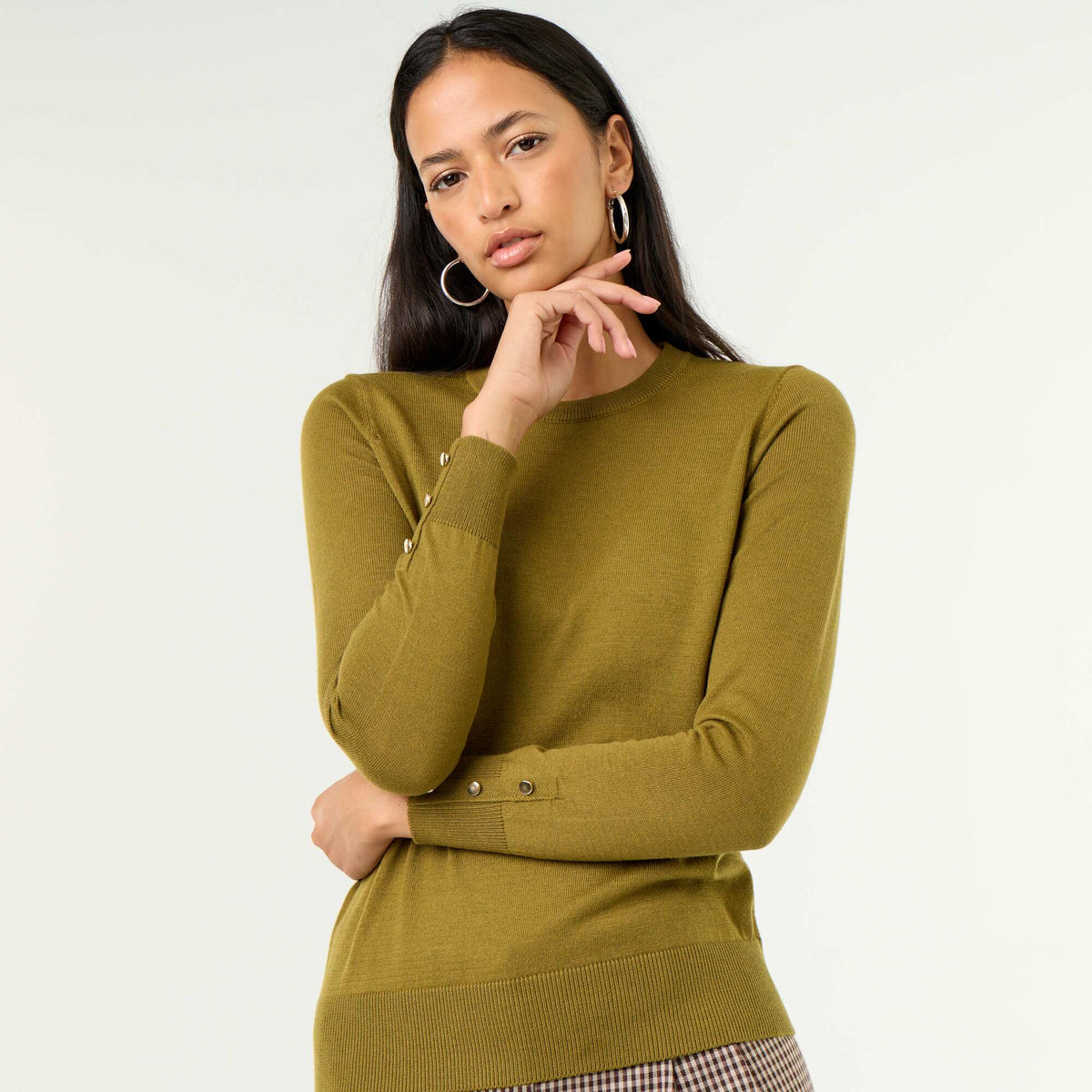 Fine Gauge Knit Round Neck Sweater GREEN