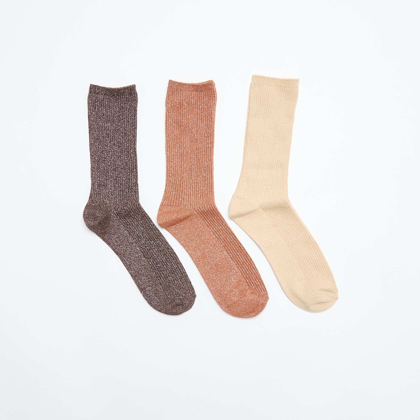 Pack of 3 pairs of glitter mid-calf socks BEIGE