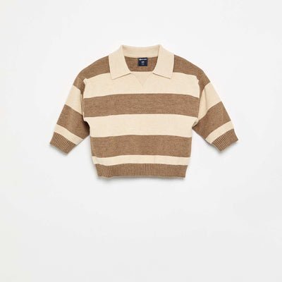 Striped long-sleeve polo sweater BEIGE