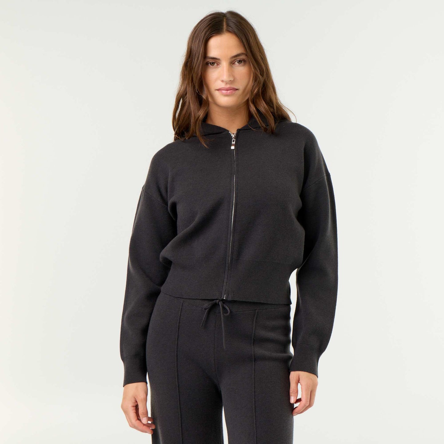 Ottoman Knit Hooded Cardigan BLACK