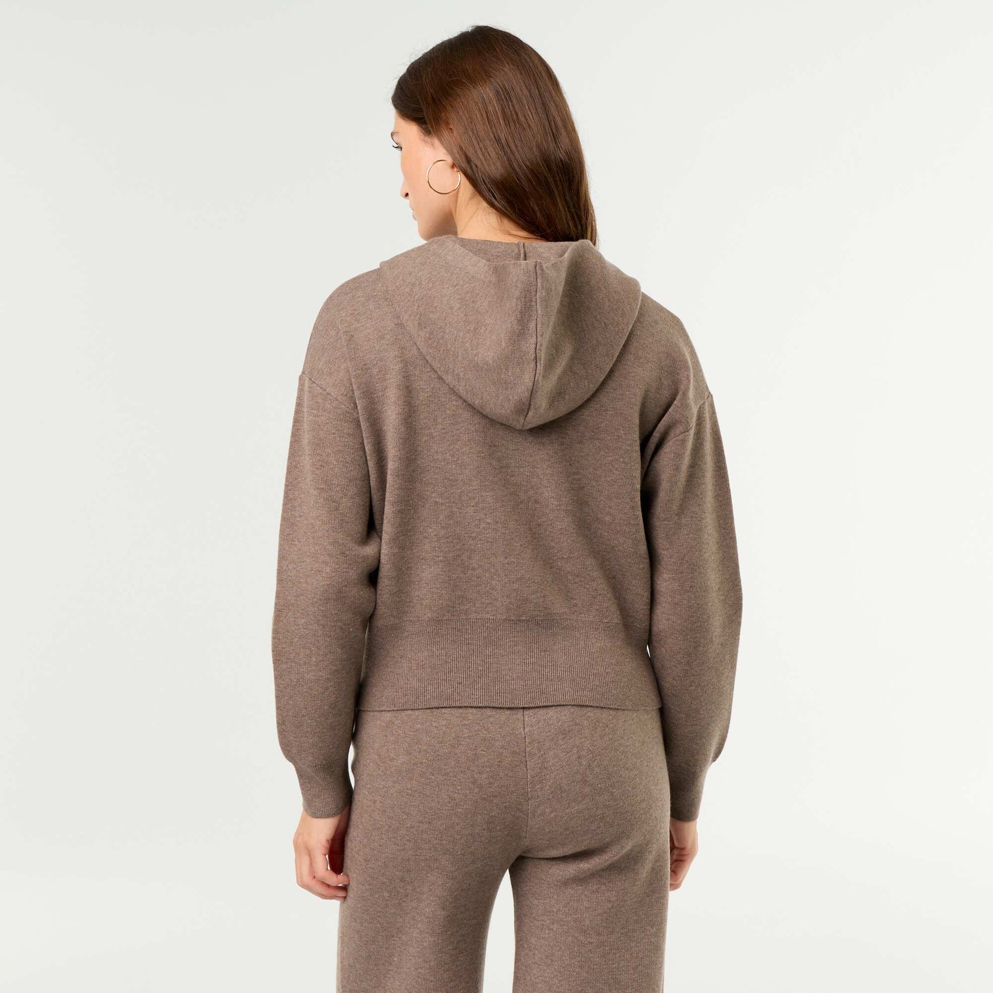 Ottoman Knit Hooded Cardigan BROWN
