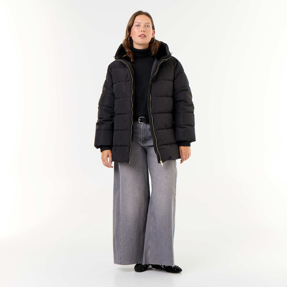 Hooded parka with faux fur lining BLACK