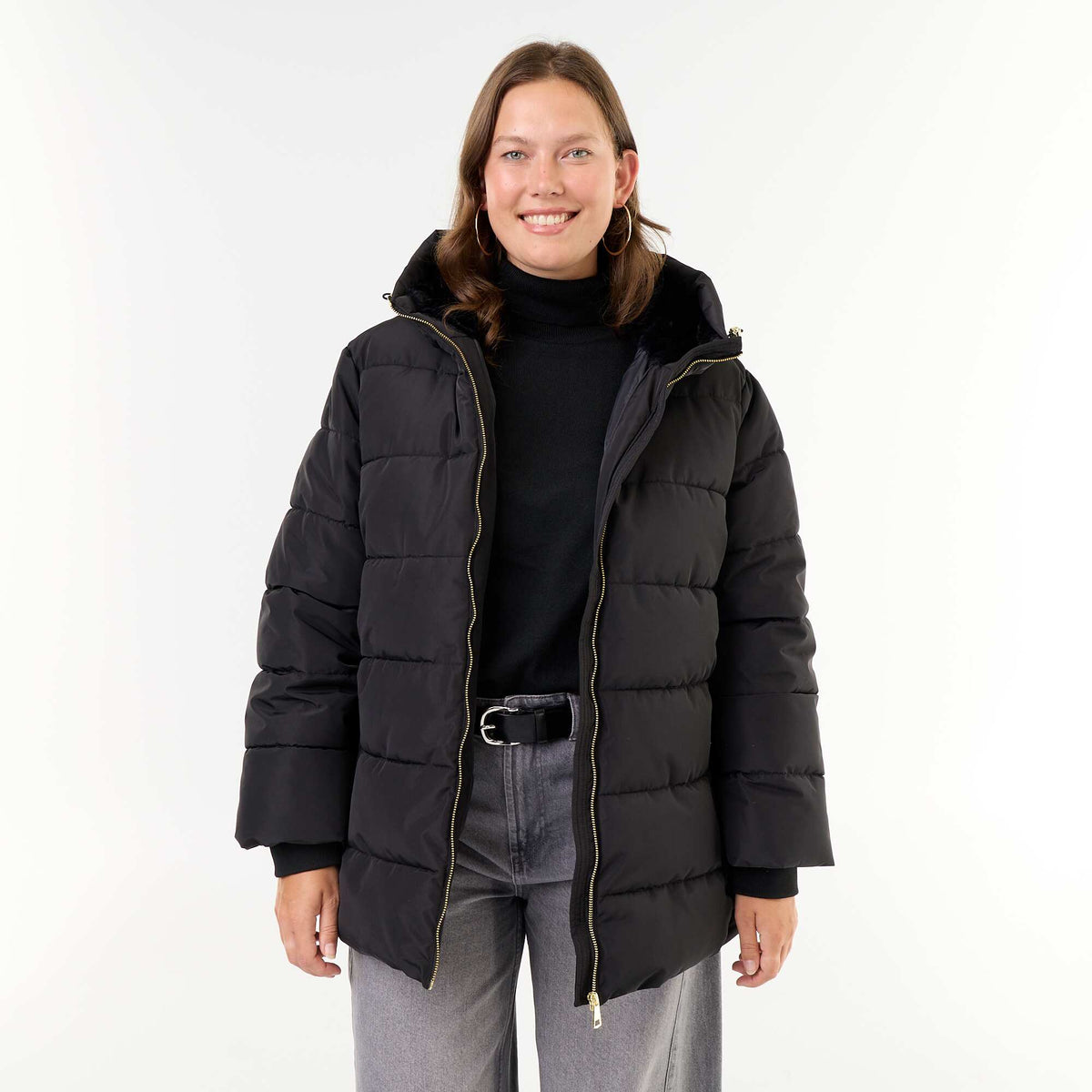 Hooded parka with faux fur lining BLACK