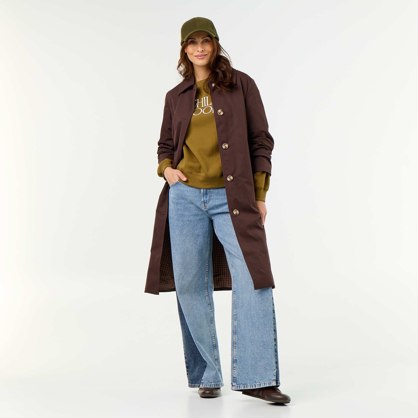 Mid-length trench coat with inner lining BROWN