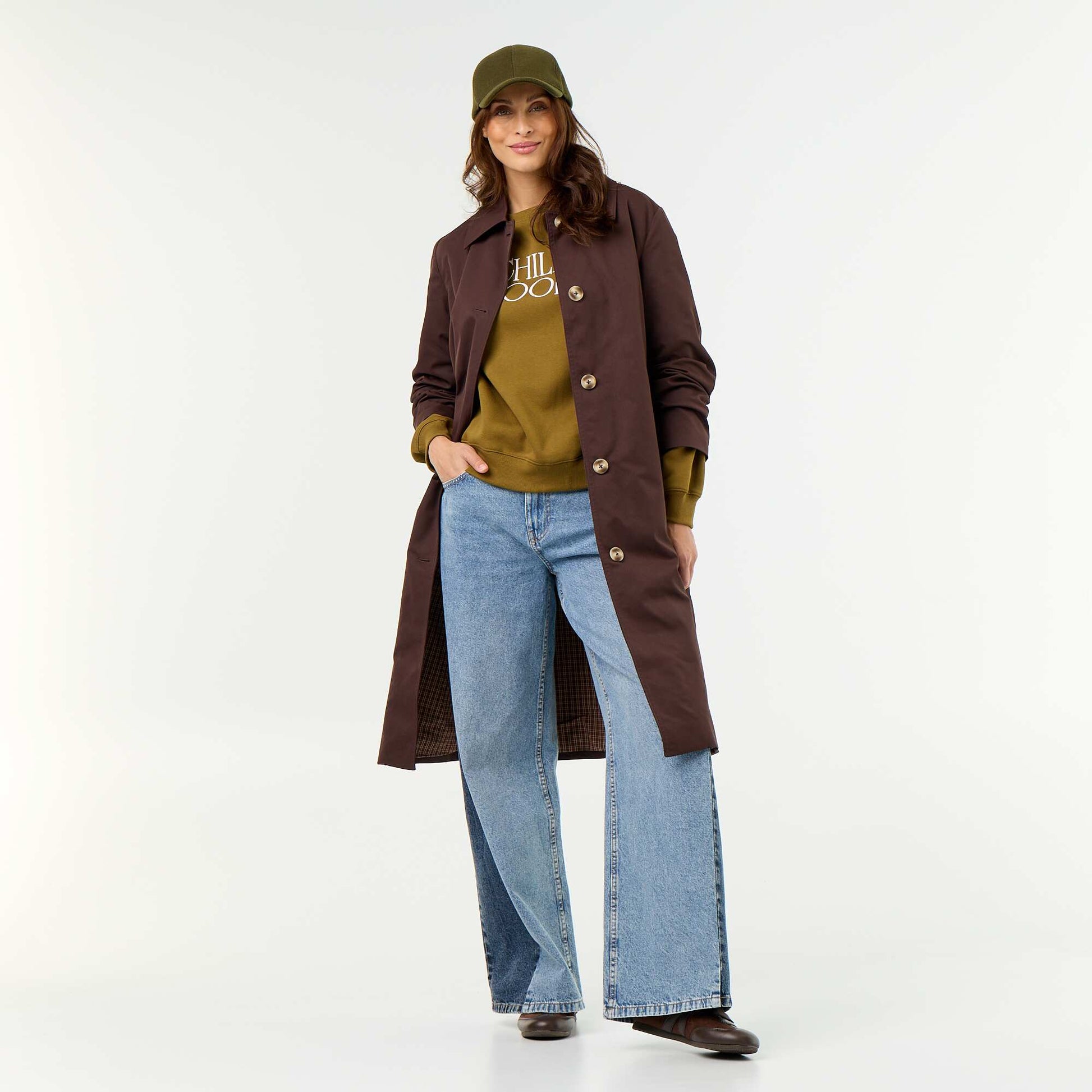 Mid-length trench coat with inner lining BROWN