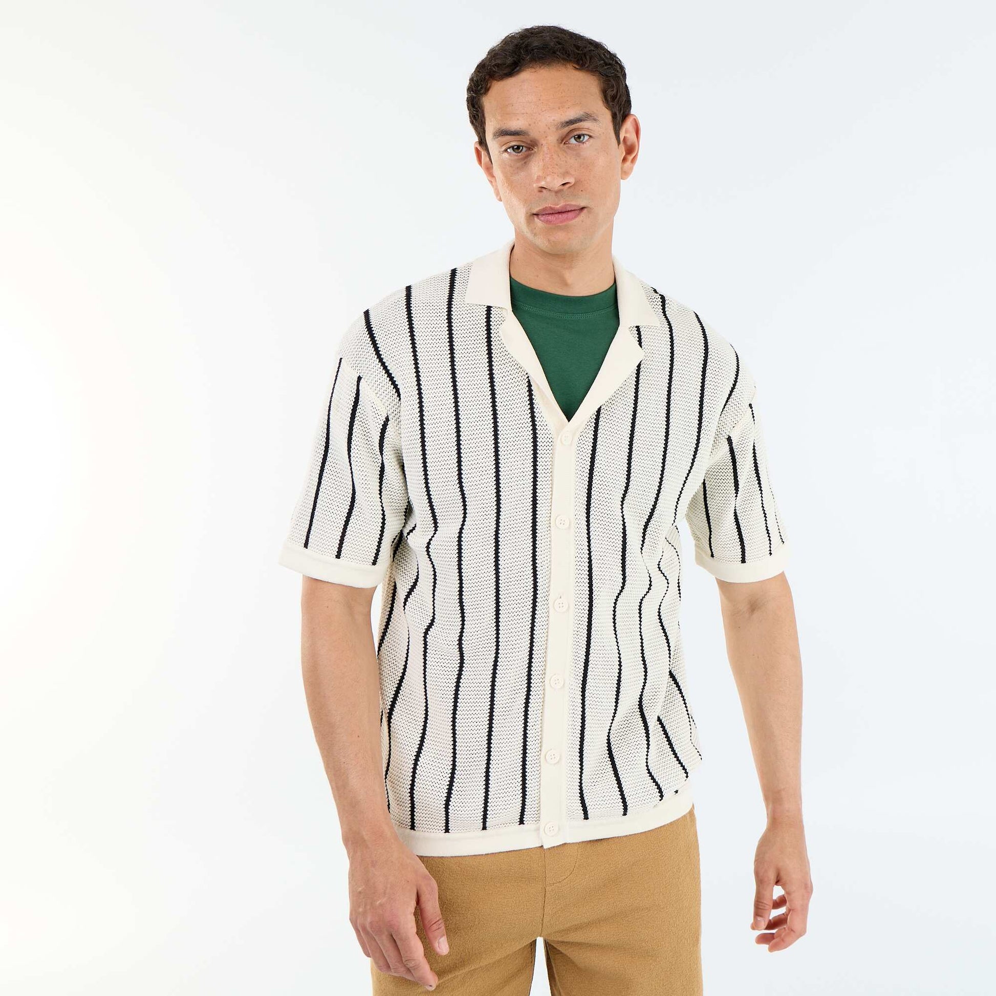 Short-sleeved openwork knit shirt BEIGE