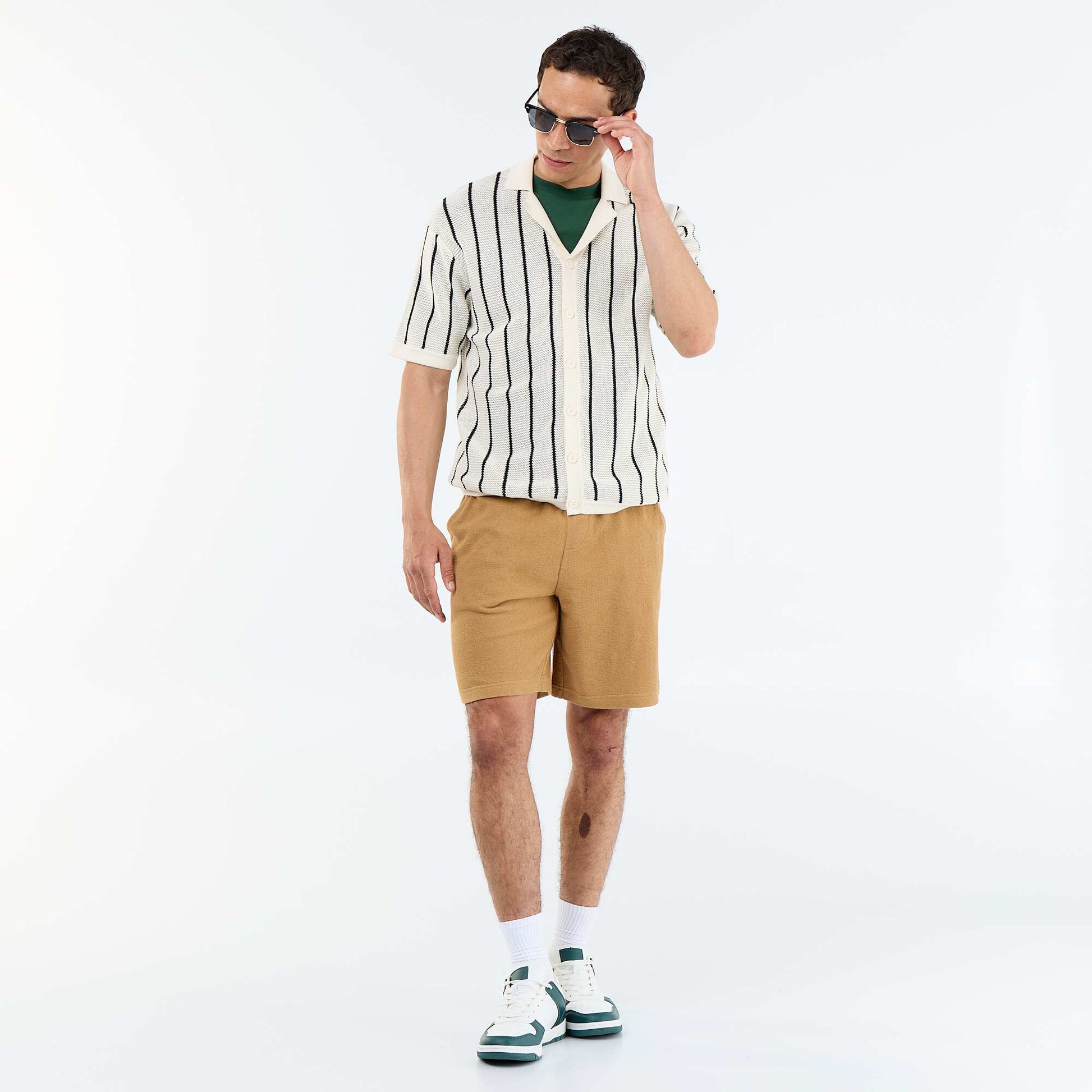 Short-sleeved openwork knit shirt BEIGE