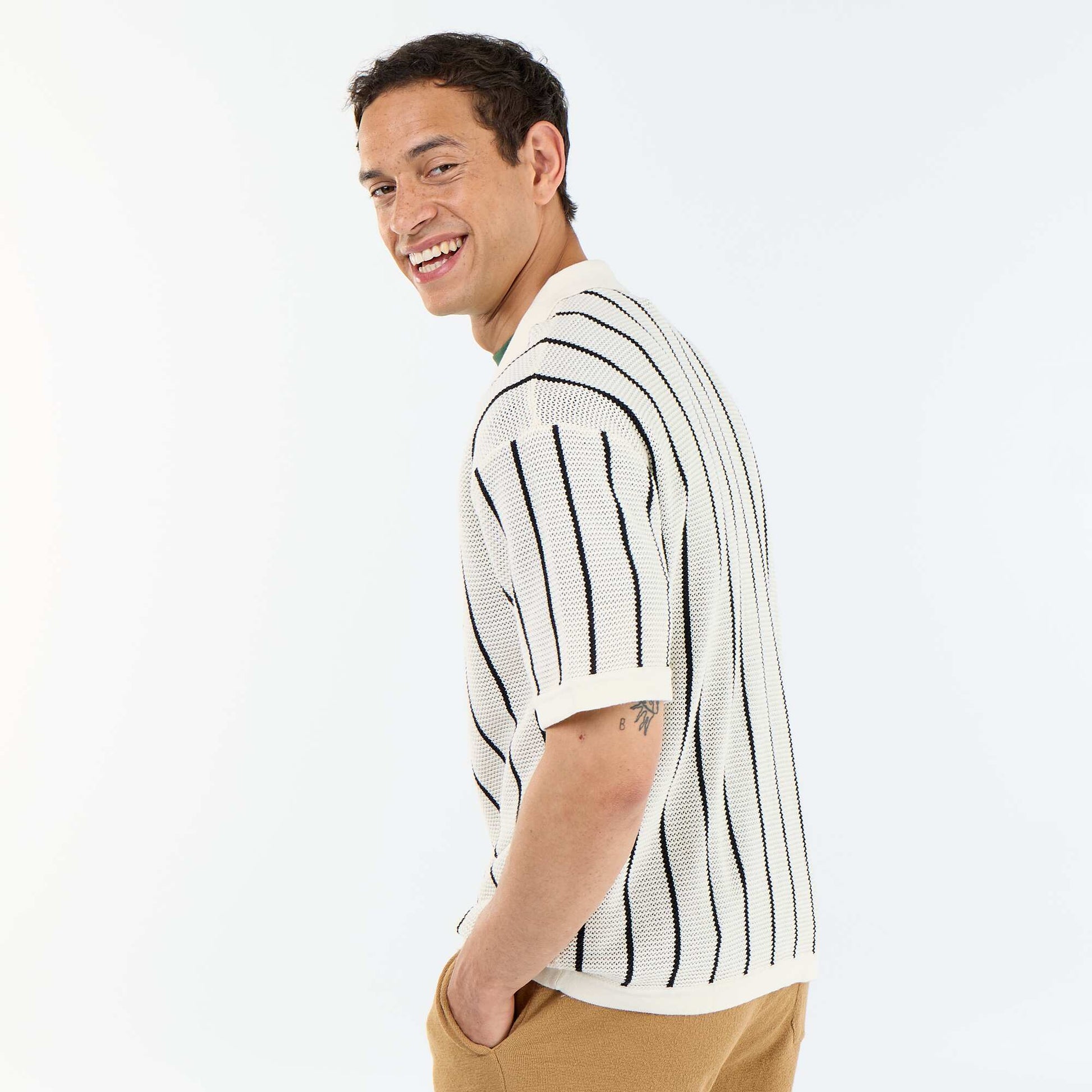 Short-sleeved openwork knit shirt BEIGE