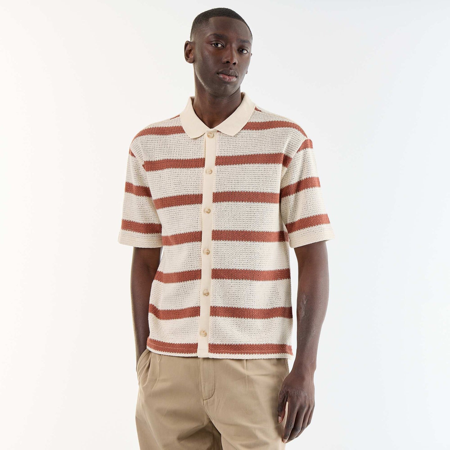 Short-sleeved openwork fabric shirt BEIGE
