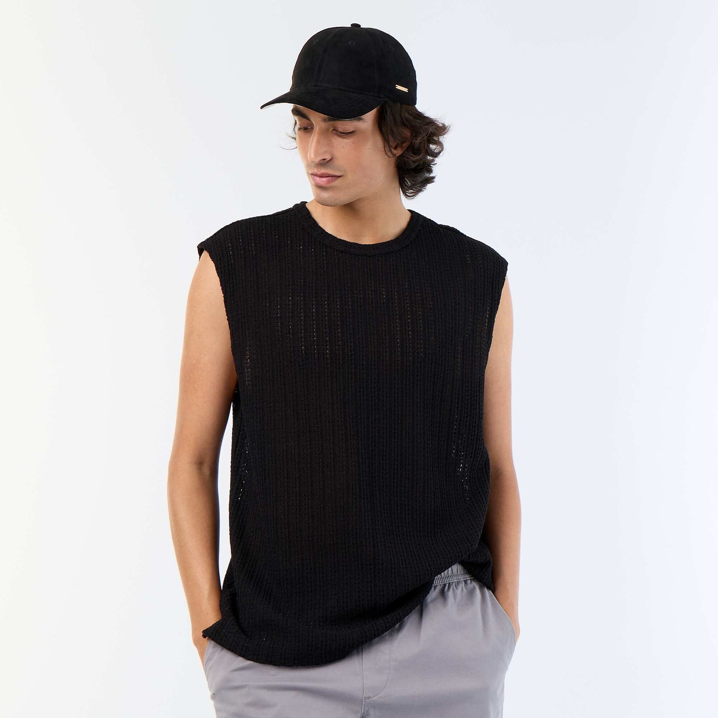 Plain openwork tank top BLACK