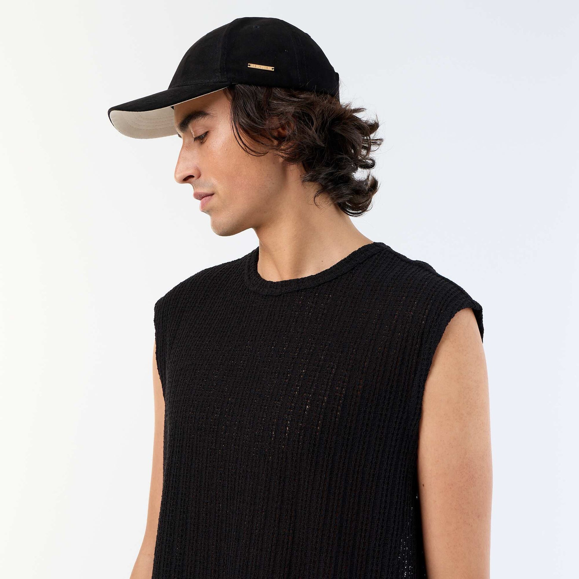 Plain openwork tank top BLACK